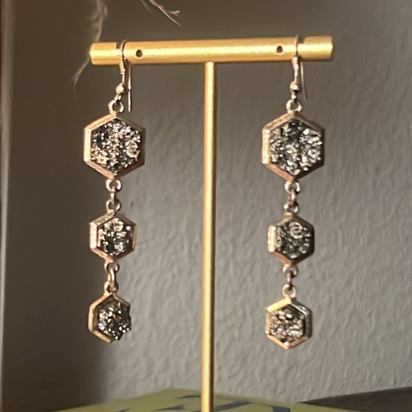 3 tier dangle earrings gold and black sparkle quartz rock octagon shaped 3” long - Picture 3 of 14